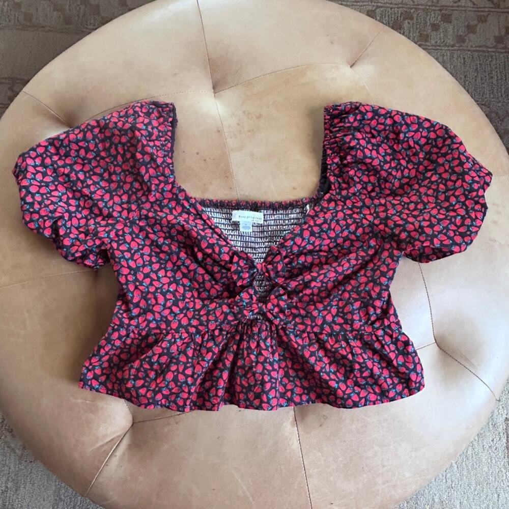 Strawberry Print Bow Front Puff Sleeve Peplum Crop Top Romantic Cottagecore XL - Picture 4 of 10